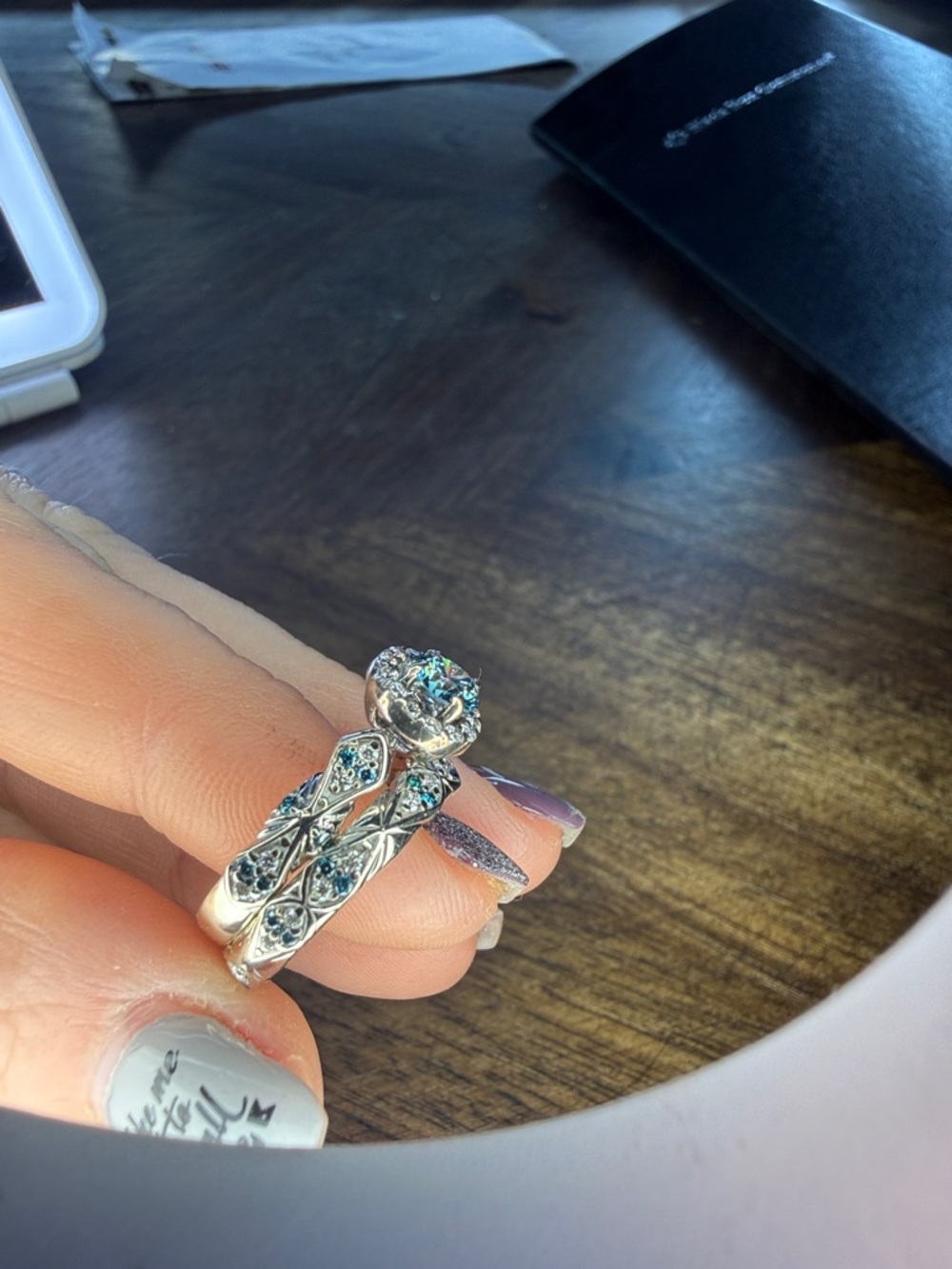 Custom White Gold, Blue Diamond Halo Engagement and Wedding Band - Women Jewelry - Picture 3 of 4